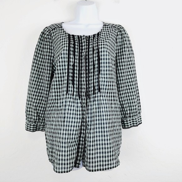 Meadow Rue Anthropologie Blouse 14 Black Gingham Check Button Front 3/4 Sleeve - Picture 1 of 4